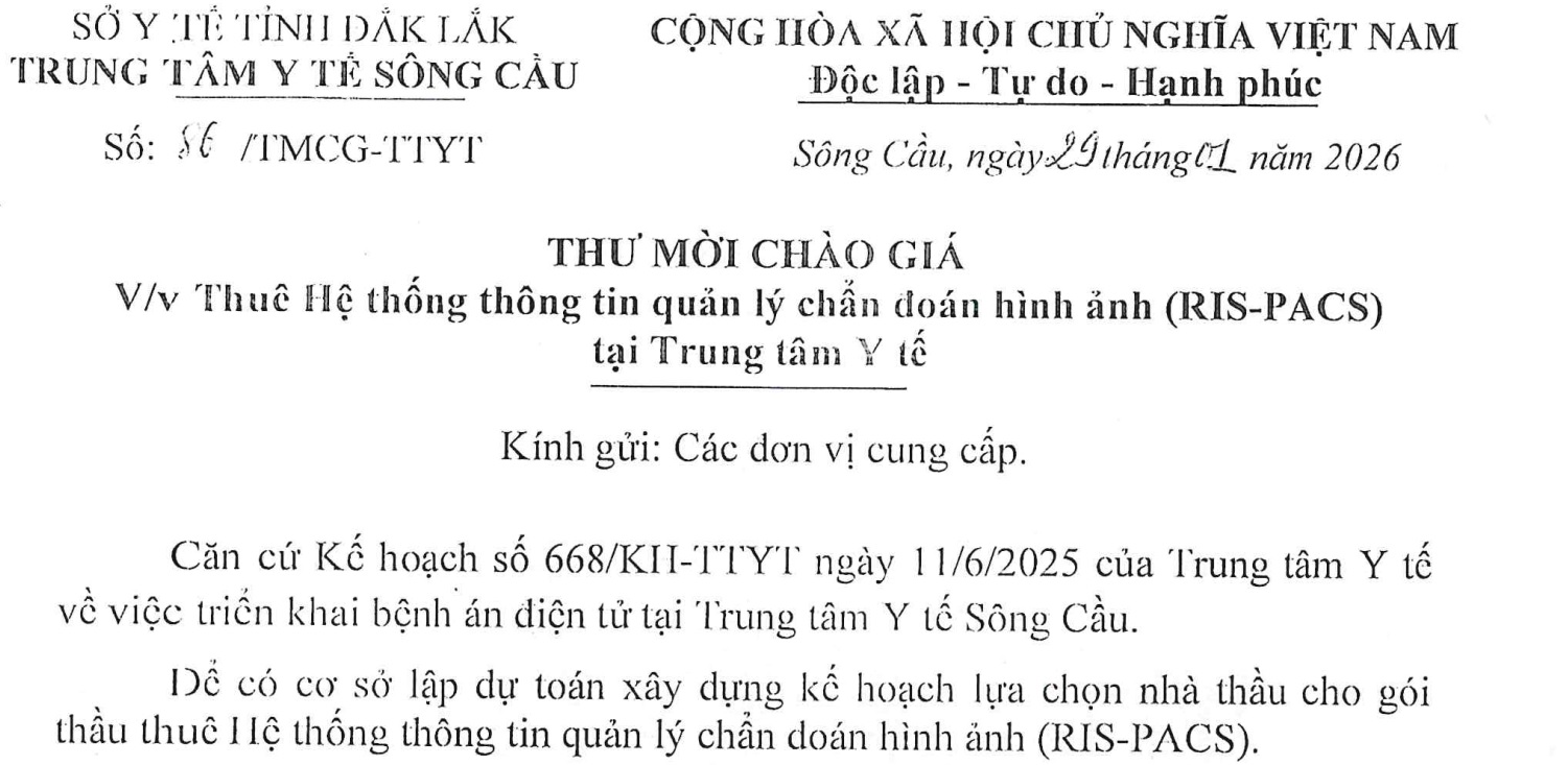 Thư mời chào giá Thuê hệ thống thông tin quản lý chẩn đoán hình ảnh (RIS-PACS) tại TTYT
